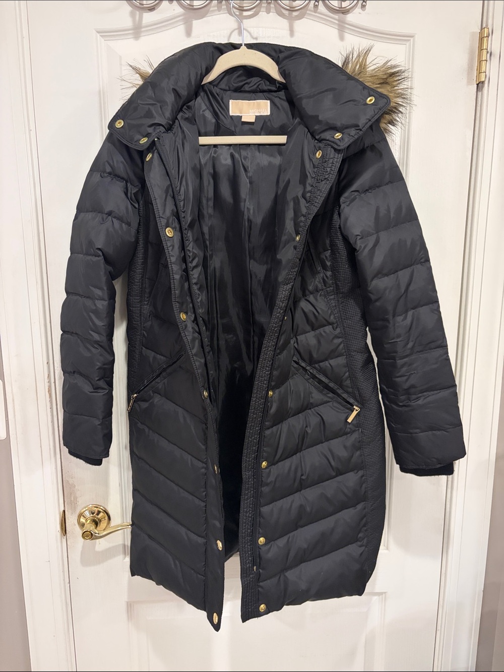 Michael Kors Black Quilted Long Puffer Coat with Faux Fur Trim